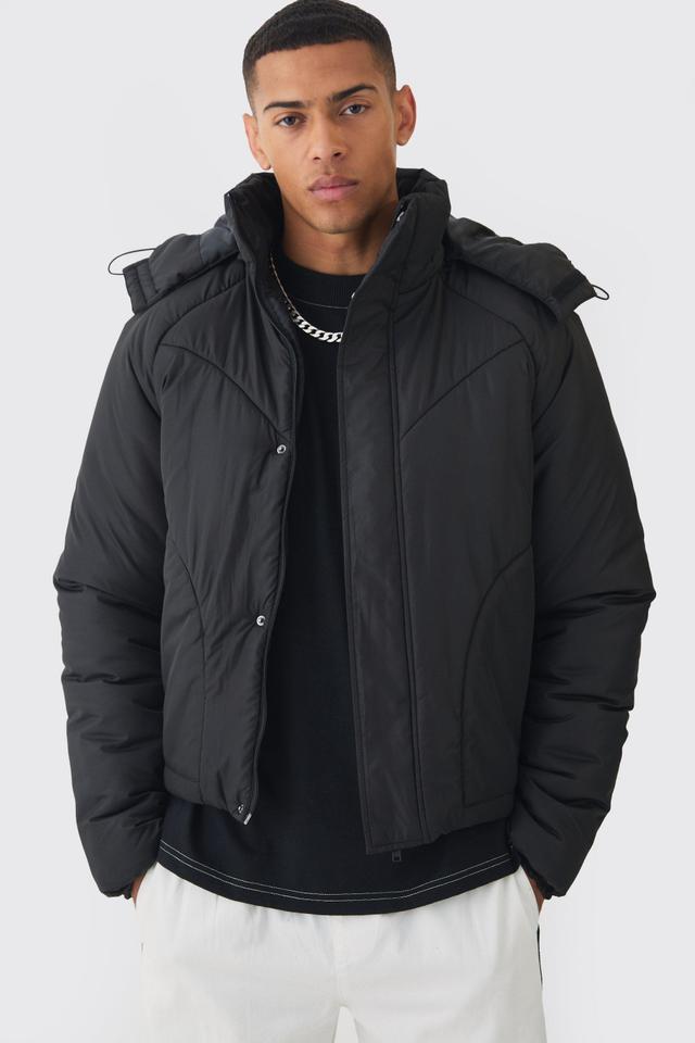 Boxy Quilted Hooded Puffer Coat In Black | boohooMAN USA Product Image