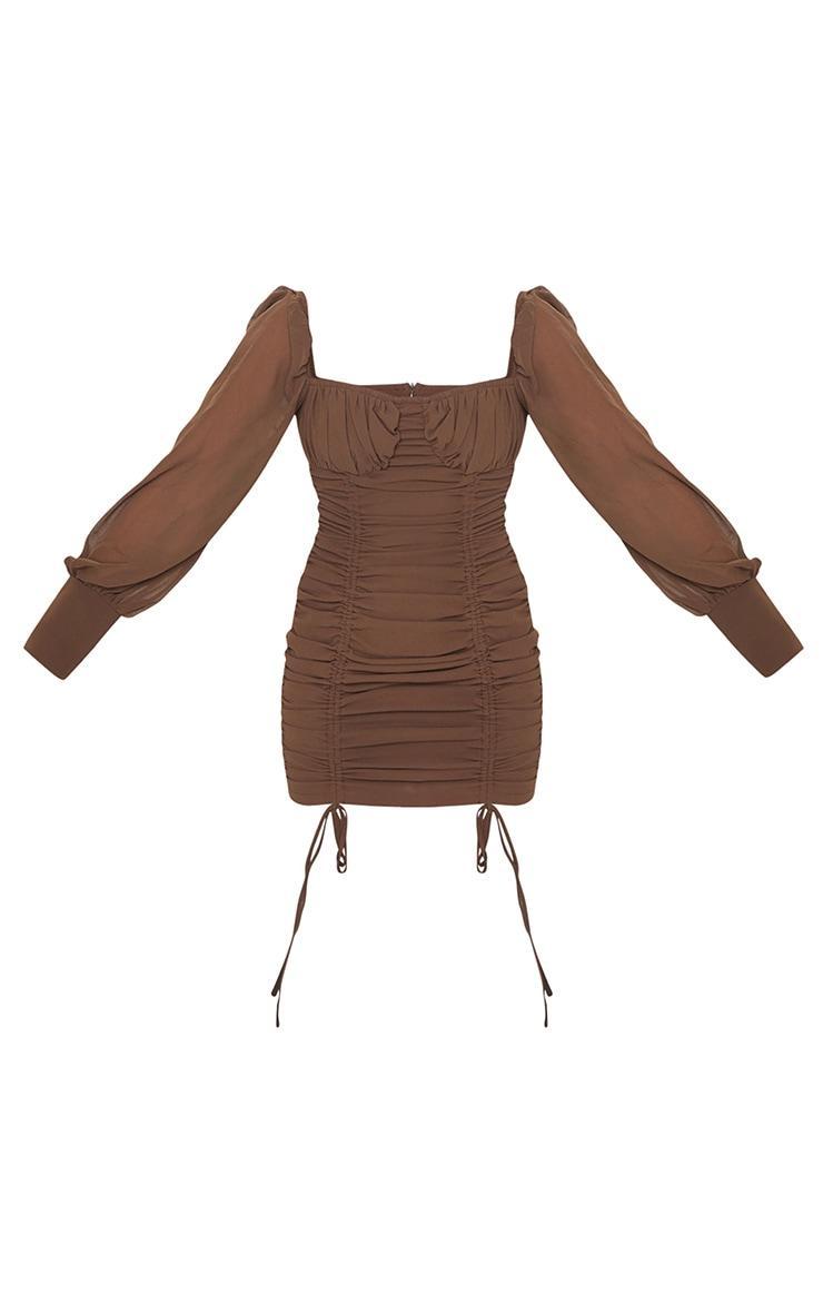 Taupe Chiffon Long Sleeve Ruched Skirt Bodycon Dress Product Image