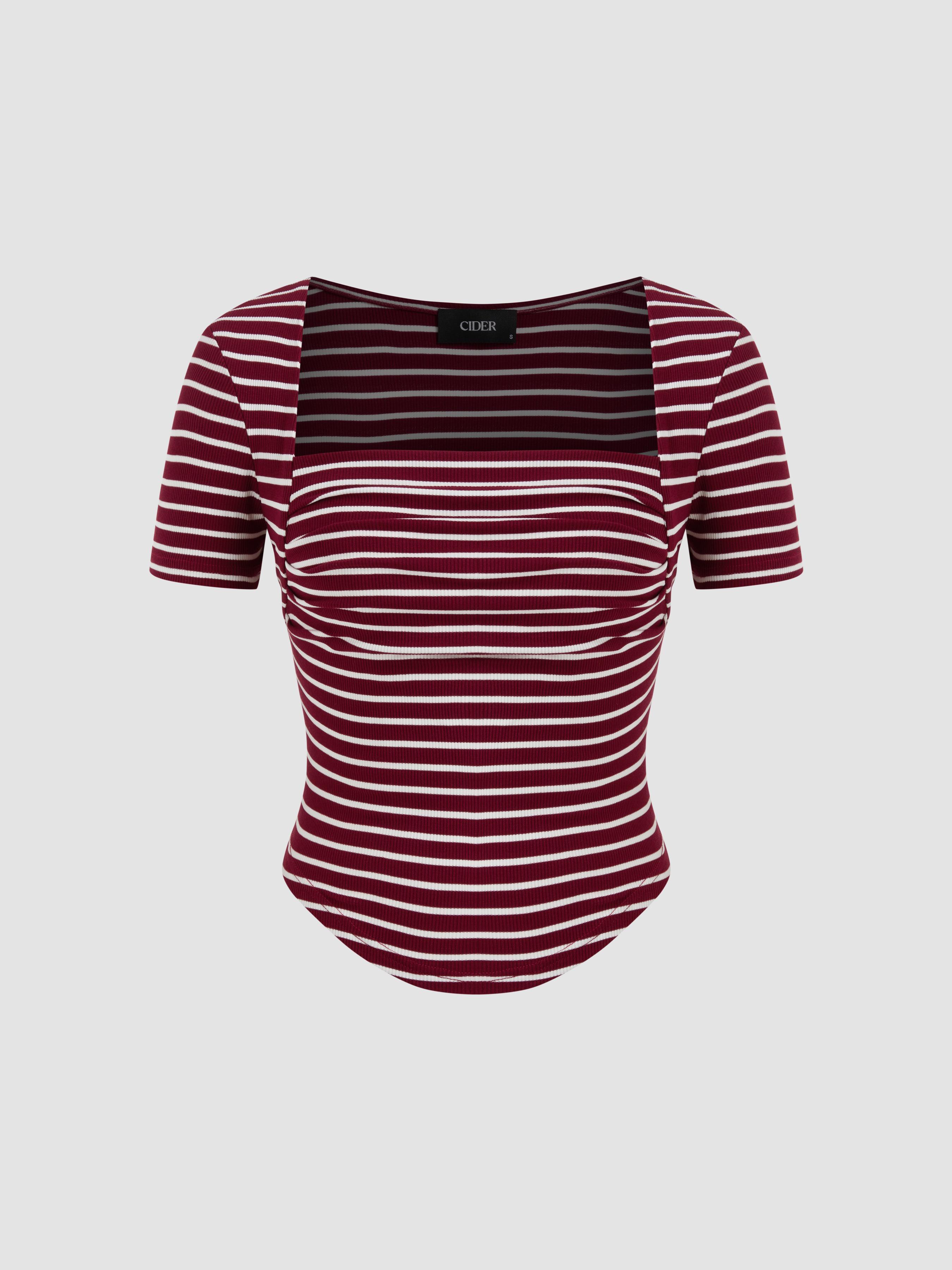 Square Neck Striped Ruched Short Sleeve Tee Product Image