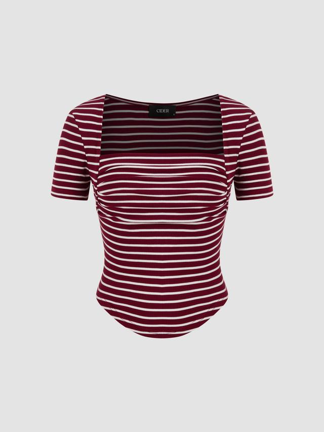 Square Neck Striped Ruched Short Sleeve Tee Product Image