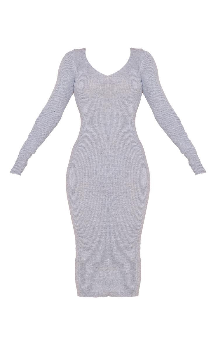 Grey V Neck Knit Midi Dress Product Image