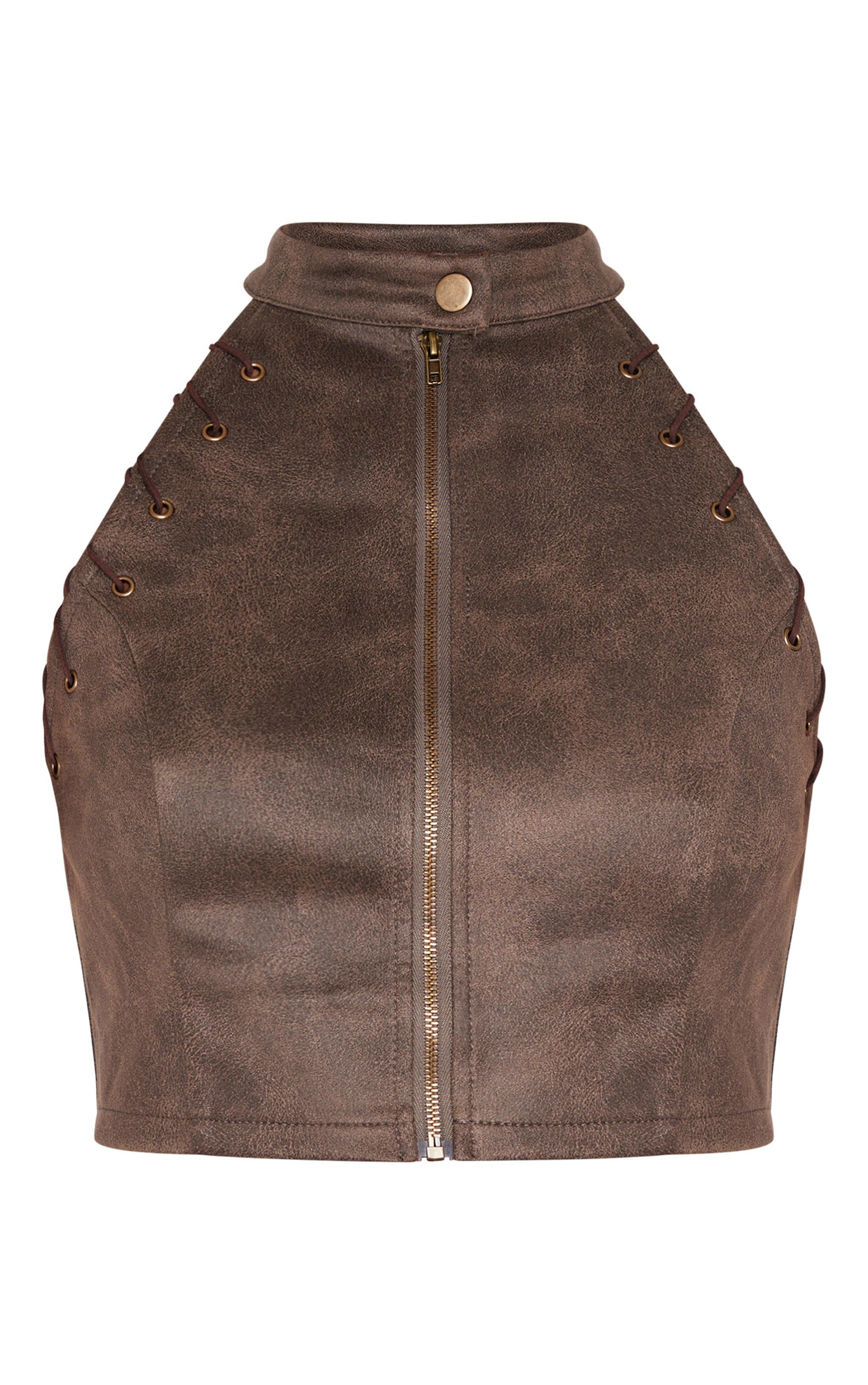 Brown Distressed Faux Suede Eyelet Zip Up Top Product Image