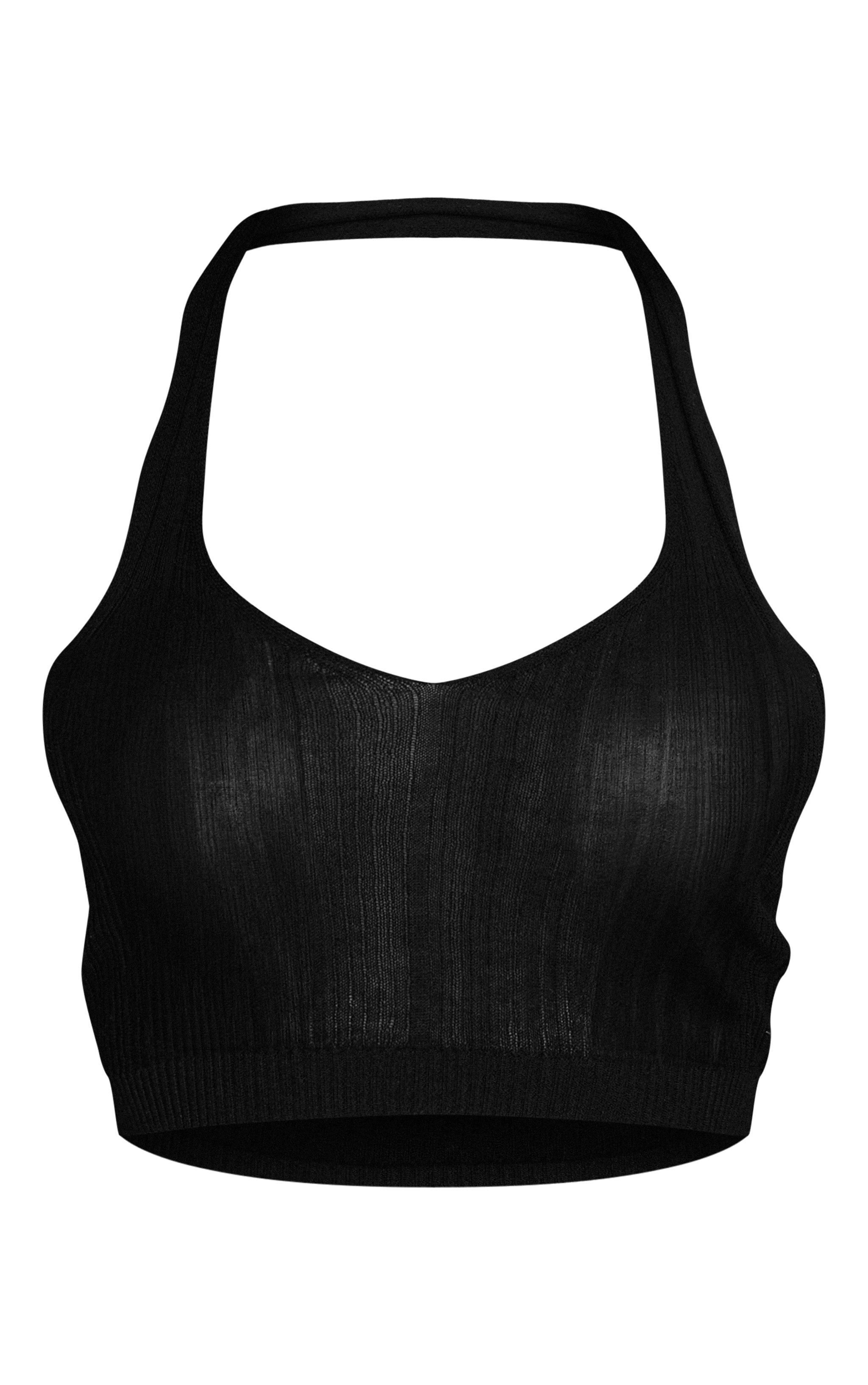 Black Sheer Rib Knit Halterneck Keyhole Crop Top Product Image