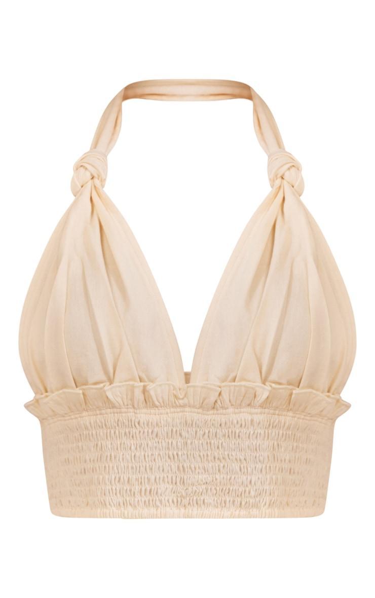 Cream Linen Feel Knot Detail Halter Crop Top Product Image