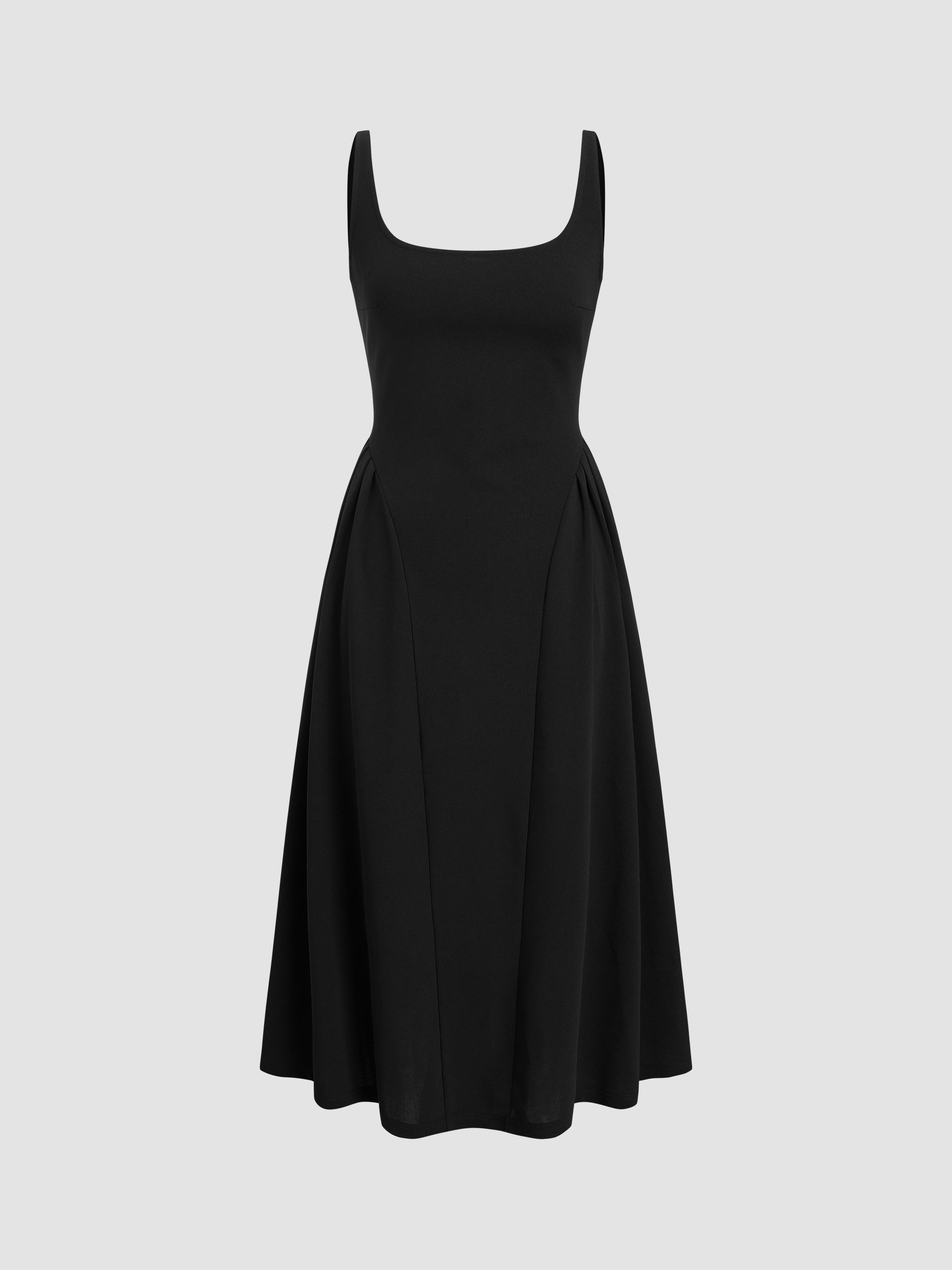 Woven Square Neck Solid Midi Dress Product Image