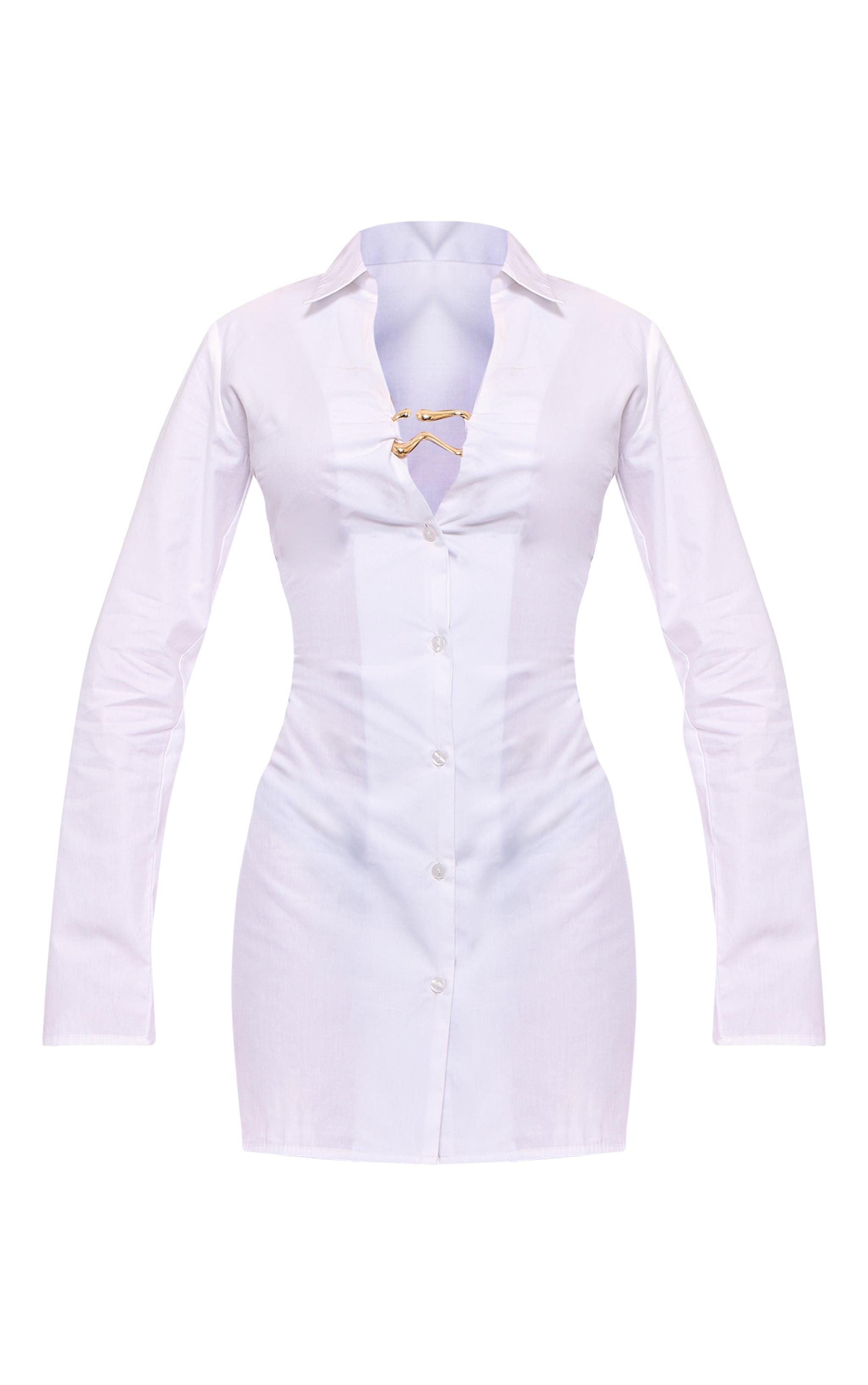 White Cotton Poplin Trim Detail Shirt Dress Product Image