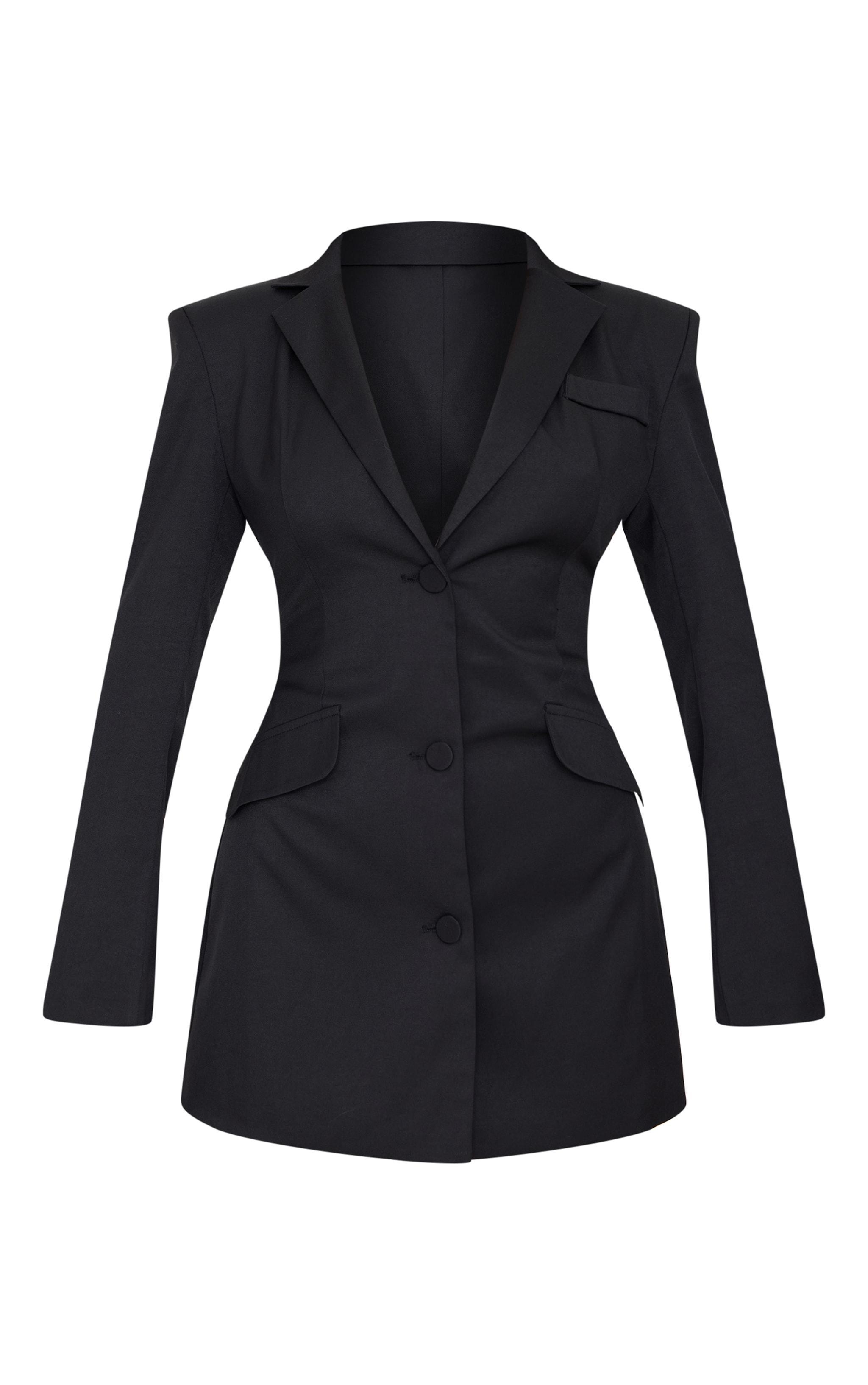 Black Woven Cinched Waist Blazer Dress Product Image