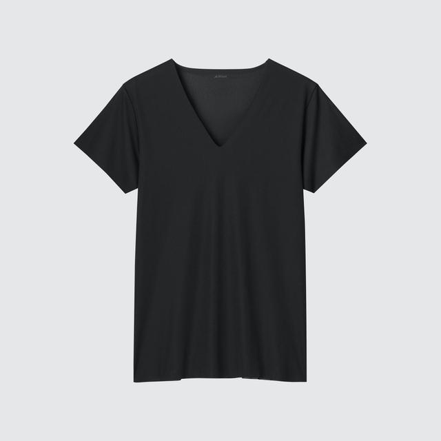 Mens Airism Mesh Anti-Odor V-Neck T-Shirt with Moisture-Wicking Black Medium UNIQLO US Product Image