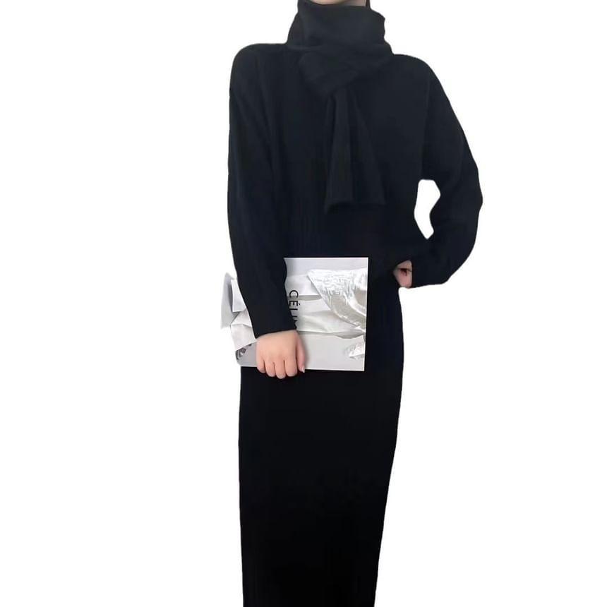 Set: Sweater + Scarf + Elastic Waist Midi Pencil Knit Skirt Product Image