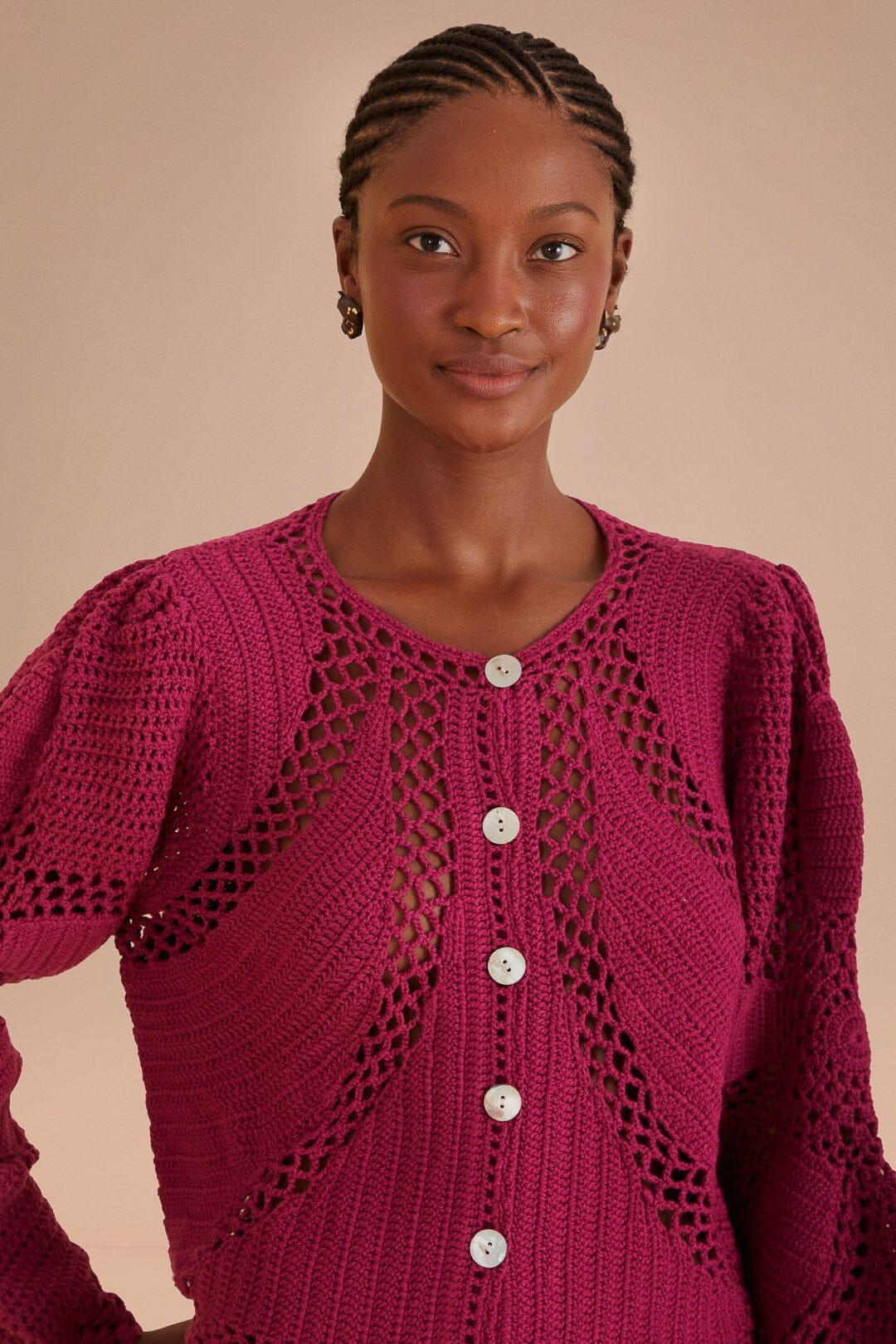 Pink Flower Draw Crochet Cardigan product image