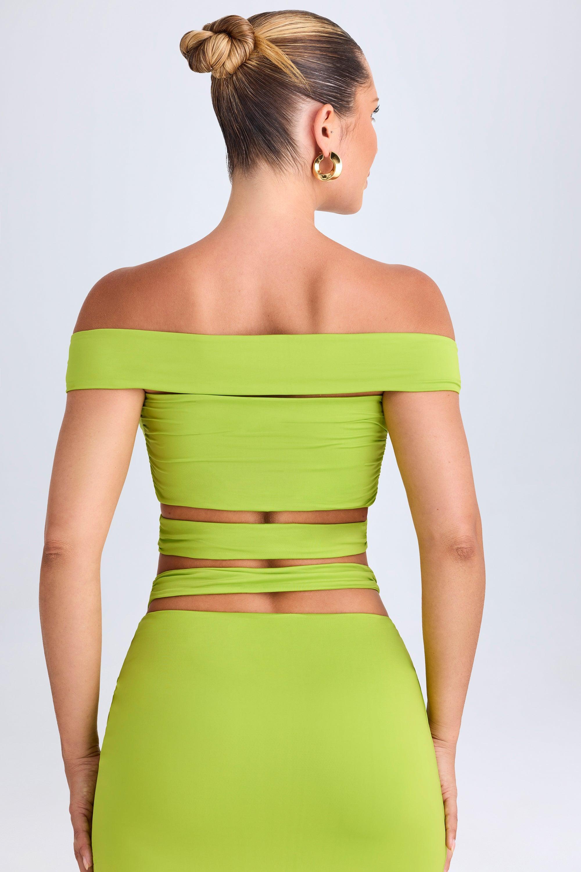 Cut-Out Off-Shoulder Crop Top in Lime Green Product Image