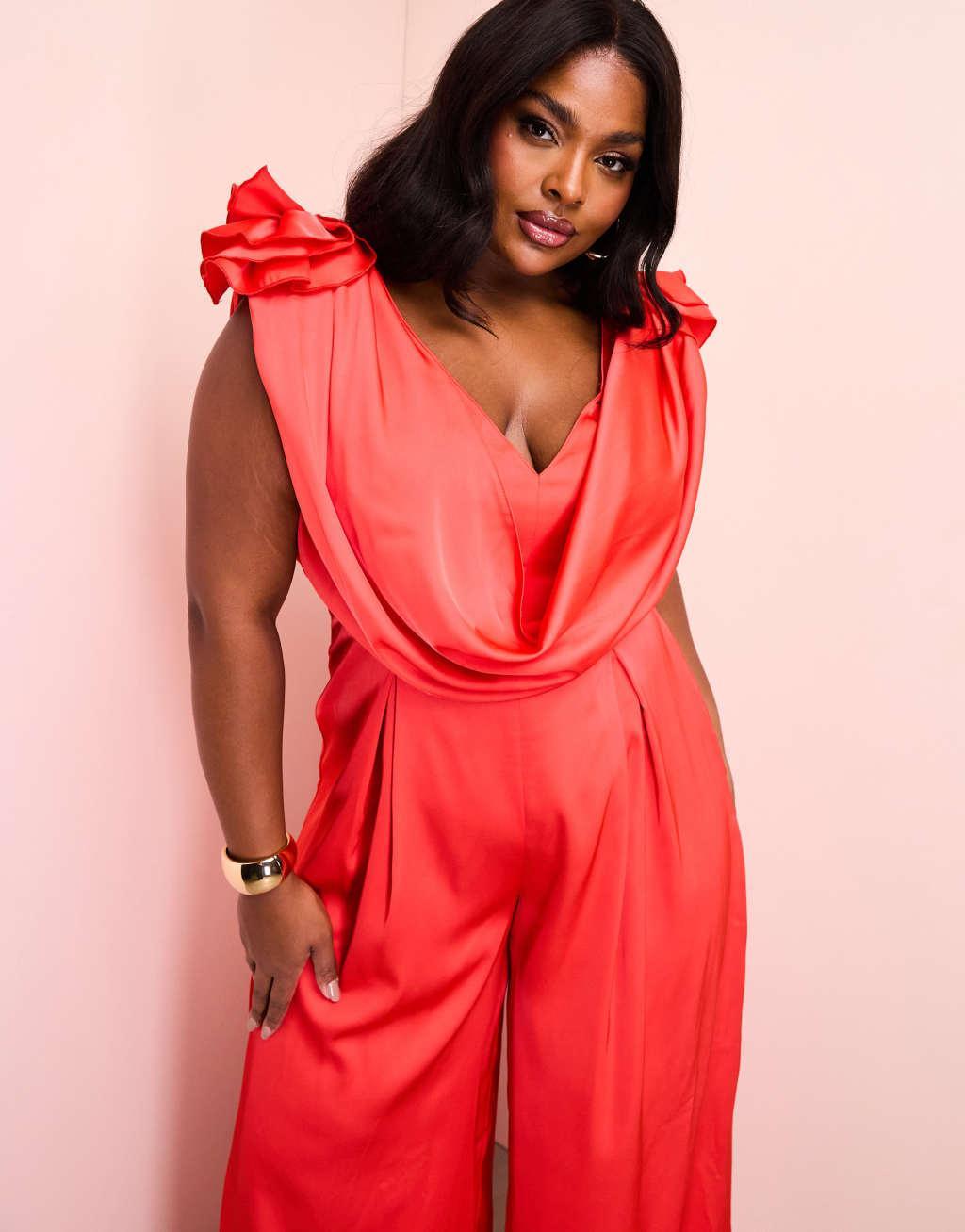 ASOS LUXE Curve satin corsage plunge neck wide leg jumpsuit in red Product Image