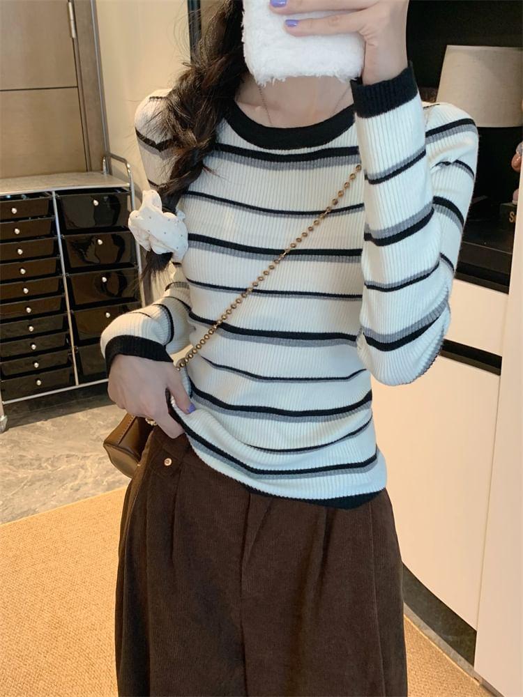 Long-Sleeve Striped Knit Top Product Image