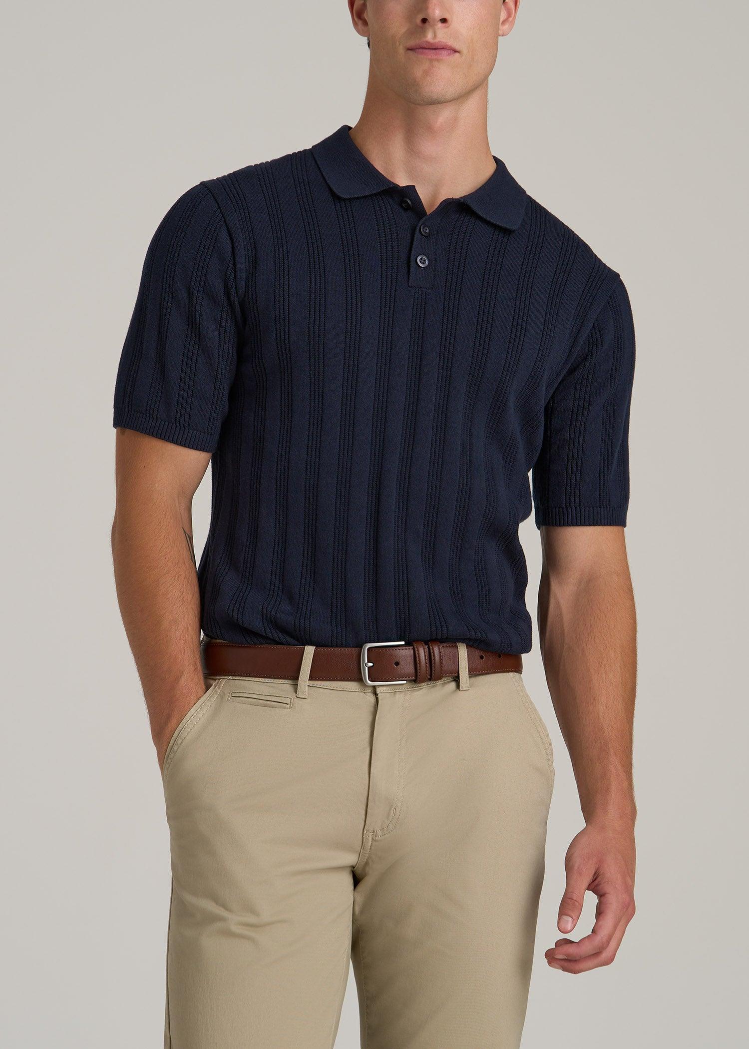 Ribbed Textured Knit Tall Men's Polo Shirt in Deep Indigo Product Image