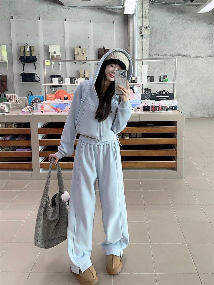 Plain Zip-Up Crop Hoodie / High Waist Slit Wide Leg Sweatpants Product Image