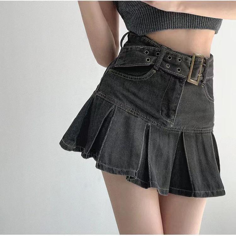 High Rise Belted Denim Mini A-Line  Skirt Product Image