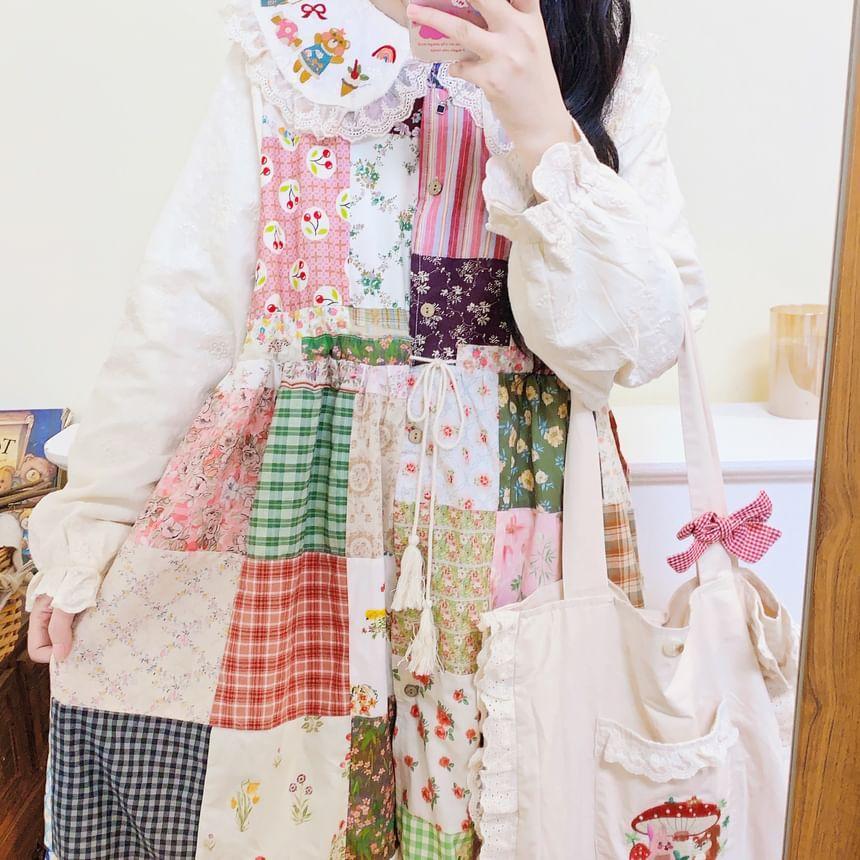 Long-Sleeve Collar Embroidered Patchwork Button Midi A-Line Dress Product Image