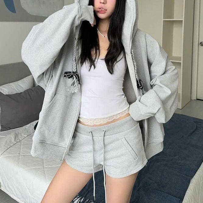 Plain Bow Zip Hoodie Product Image