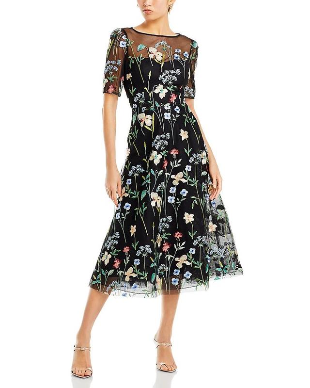 Womens Floral-Embroidered Illusion Midi-Dress Product Image