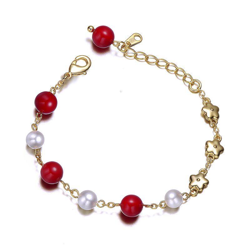 Kids 14k Yellow Gold Plated Star Red Beaded and Simulated Pearl Adjustable Charm Bracelet, Womens Gold Tone Product Image