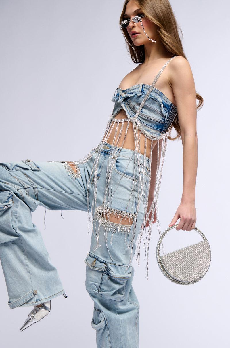 CALLING THE SHOTS CARGO DENIM WITH RHINESTONES Product Image