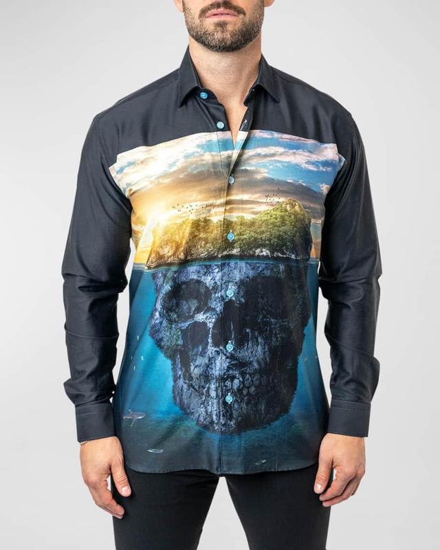 Maceoo Fibonacci Skull Island Cotton Button-Up Shirt Product Image