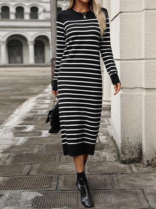 Long Sleeves Loose Split-Joint Striped Round-Neck Midi Dresses Sweater Dresses Product Image