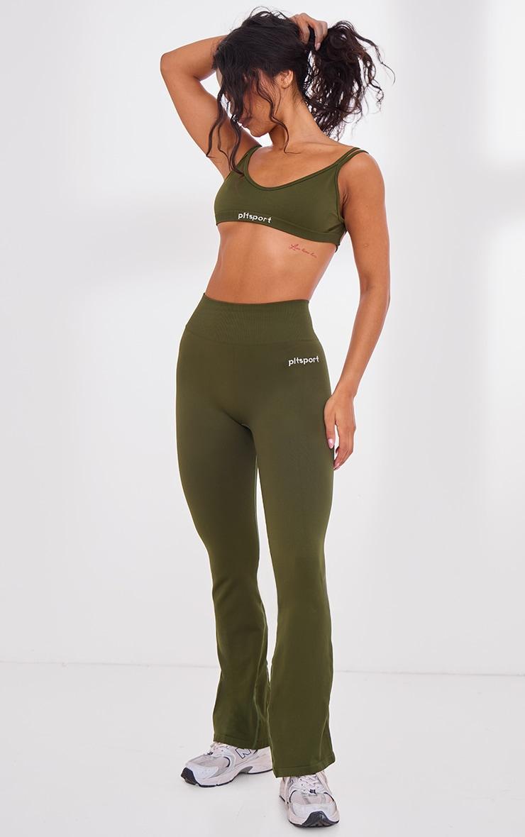 PLT SPORT Khaki Seamless Ribbed Detail High Waist Yoga Flares Product Image