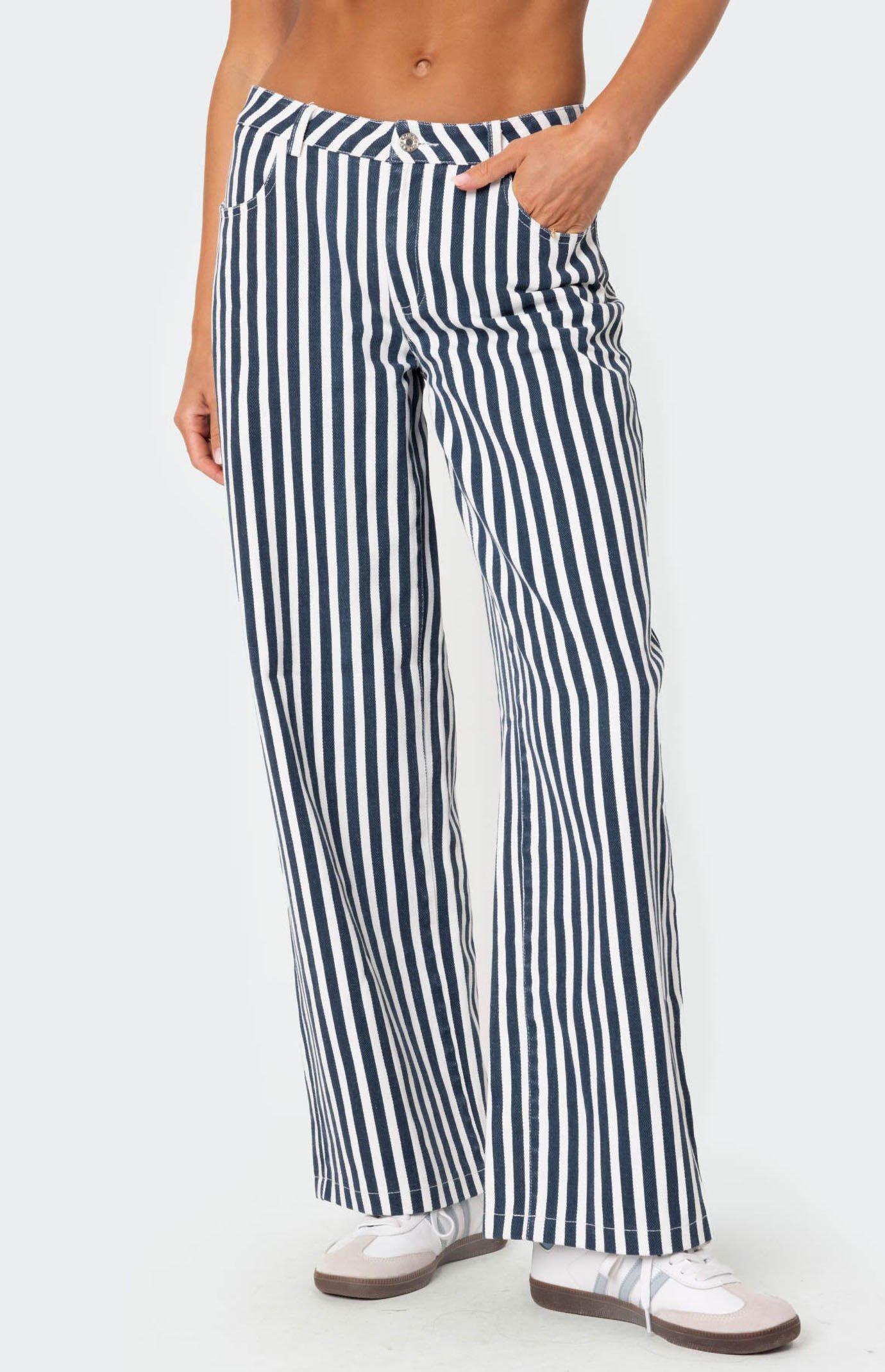 Edikted Women's Striped Low Rise Jeans in Blue/White - Product Image