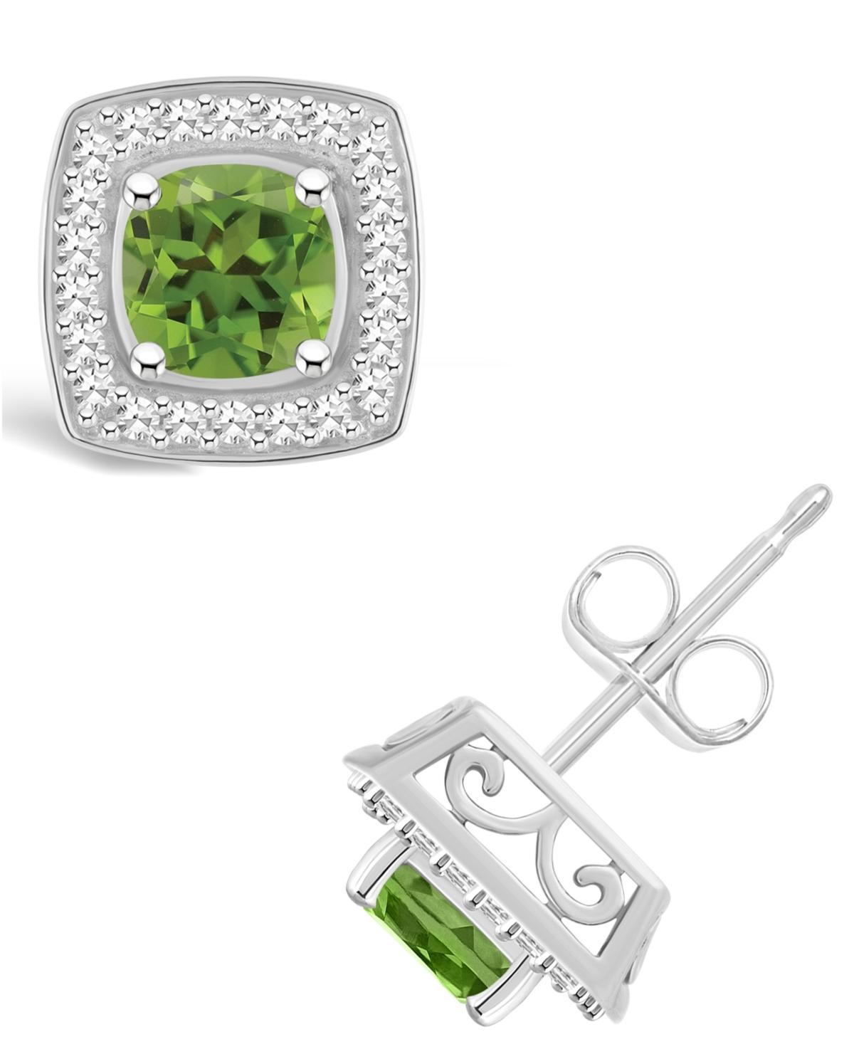 Celebration Gems Sterling Silver Cushion Gemstone 1/5 Carat T.W. Diamond Halo Stud Earrings, Womens, Green Product Image