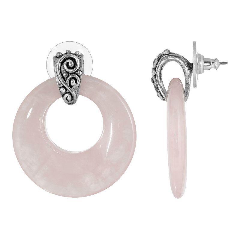 1928 Jewelry Pewter Round Rose Quartz Hoop Earrings, Pink Product Image