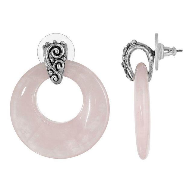 1928 Pewter Stone Round Doorknocker Drop Earrings, Womens, Pink Product Image