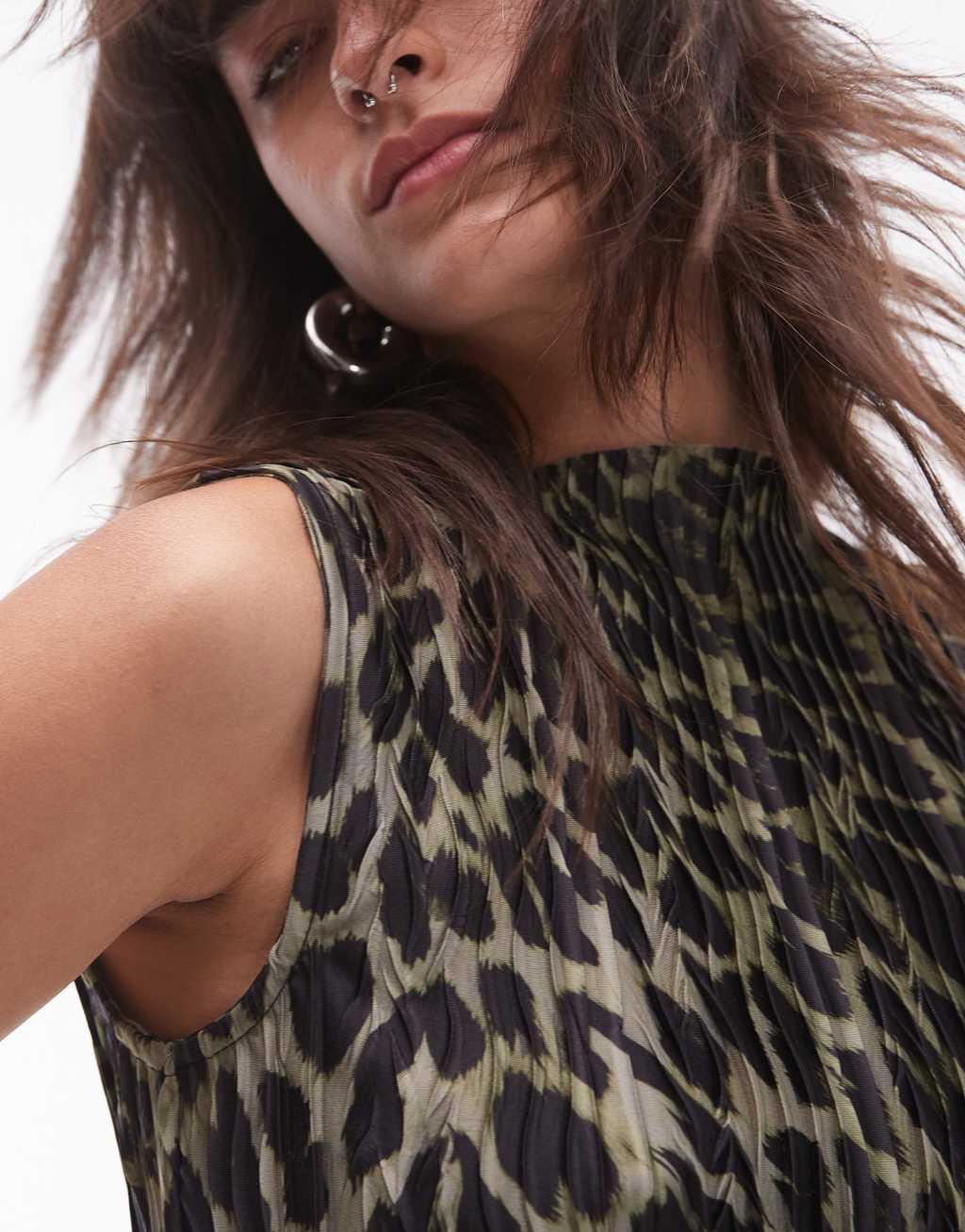 Topshop plisse leopard print mini dress in khaki Product Image