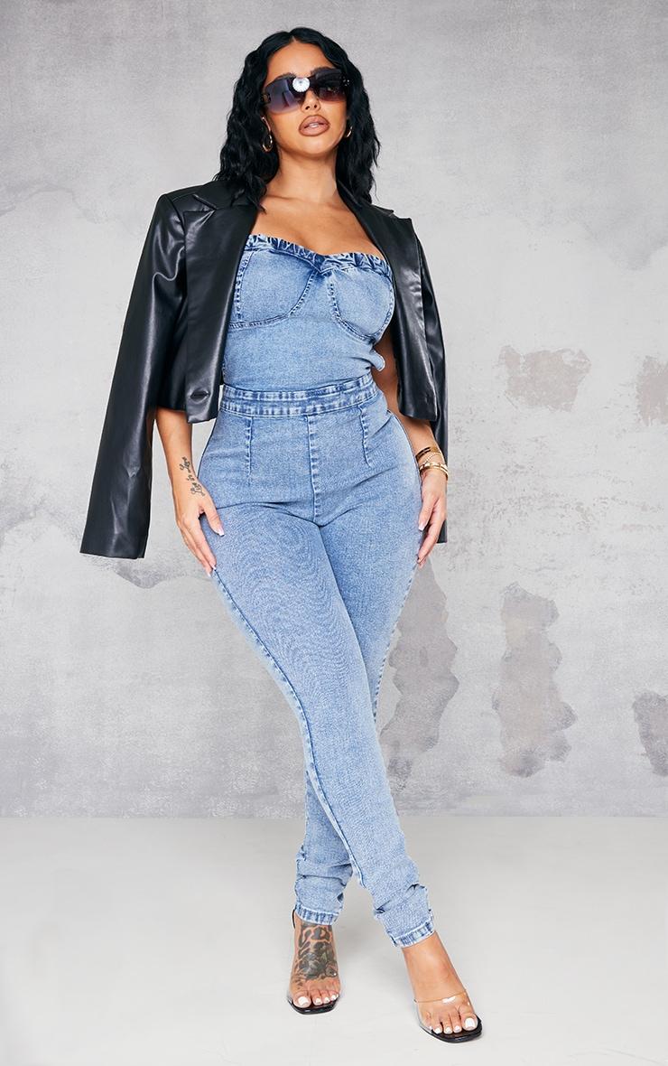 Shape Vintage Wash Cup Detail Tie Back Denim Jumpsuit Product Image