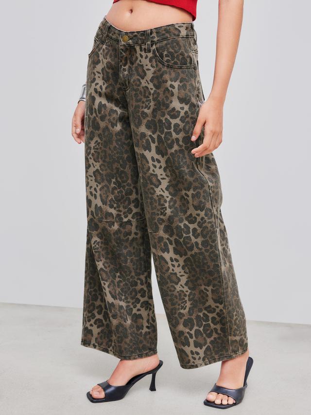 Cider Denim Mid Rise Leopard Barrel-leg Jeans Product Image