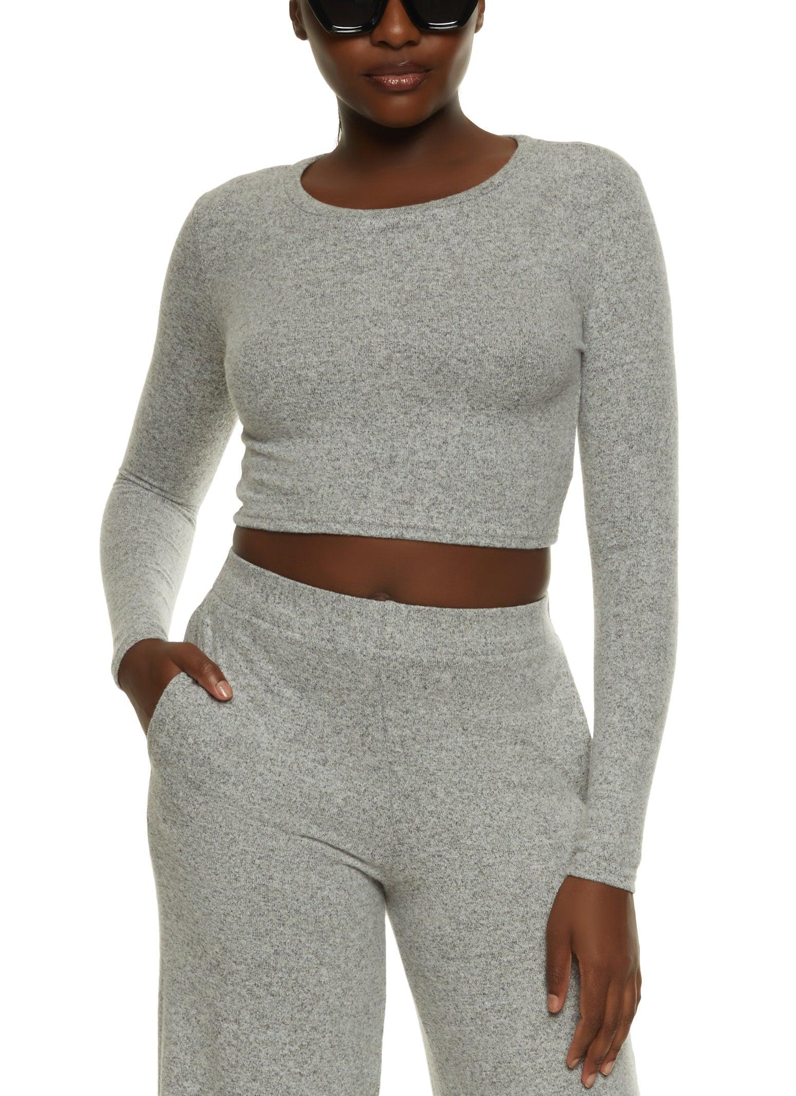 Womens Brushed Knit Crew Neck Crop Top Product Image