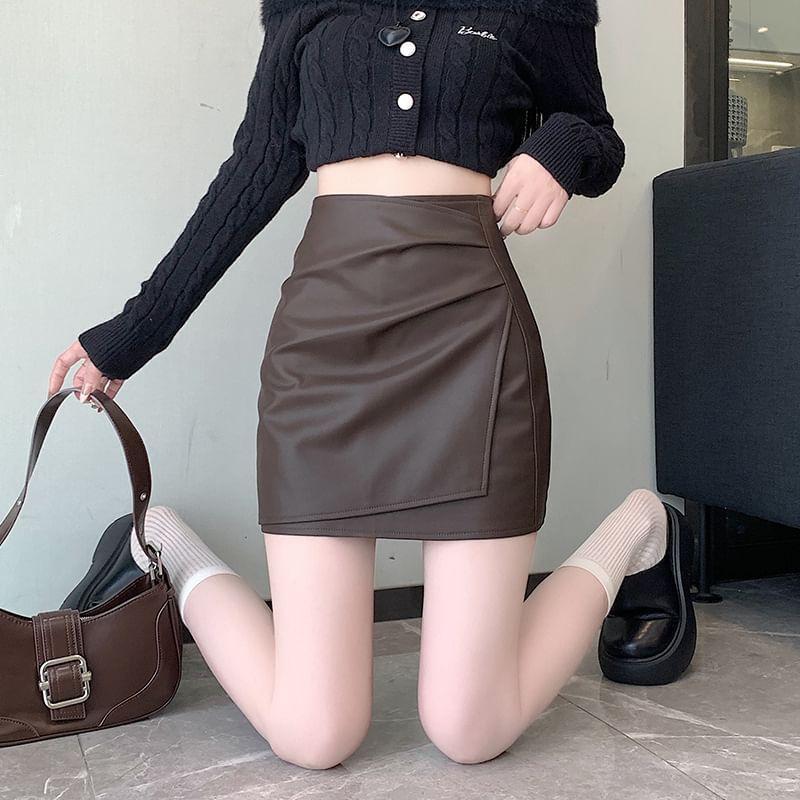 High Rise Plain Ruched Panel Faux Leather Mini A-Line Skirt Product Image