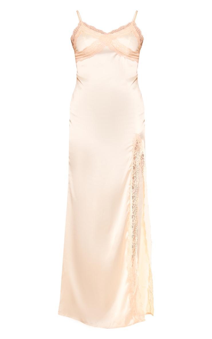 Cream Satin Lace Trim Spaghetti Strap Maxi Dress Product Image