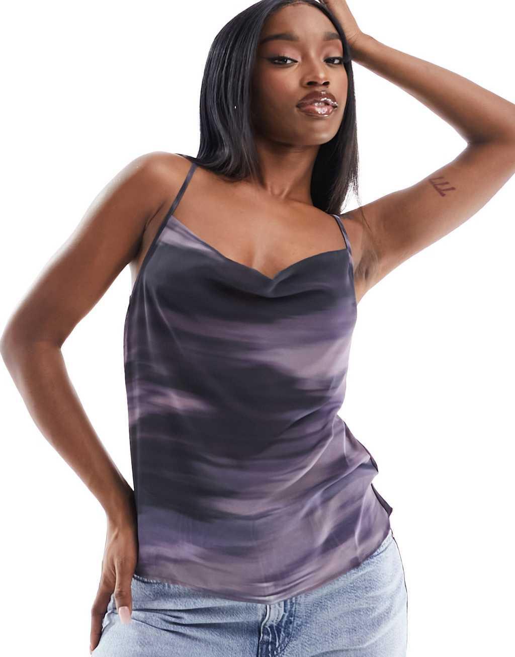 NA-KD draped neck chiffon top in puple and black print Product Image