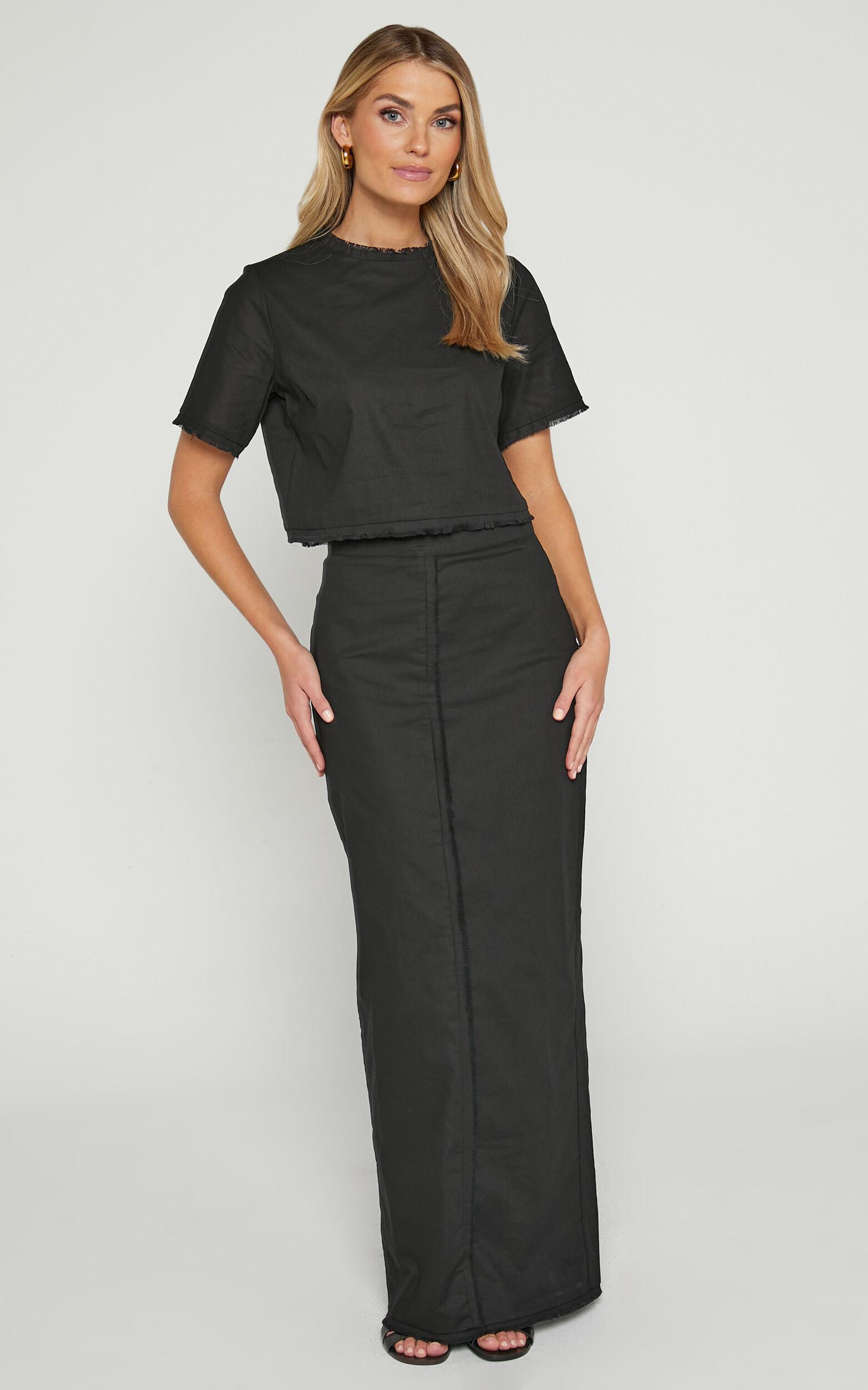 Tisdale Two Piece Set - Linen Look Scoop Neck Short Sleeve Cropped Top and Maxi Skirt in Black Product Image