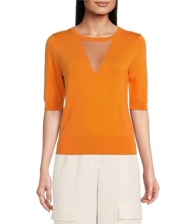 DKNY by Donna Karan Knit Crew Mesh V-Neck Elbow Length Sleeve Top Product Image