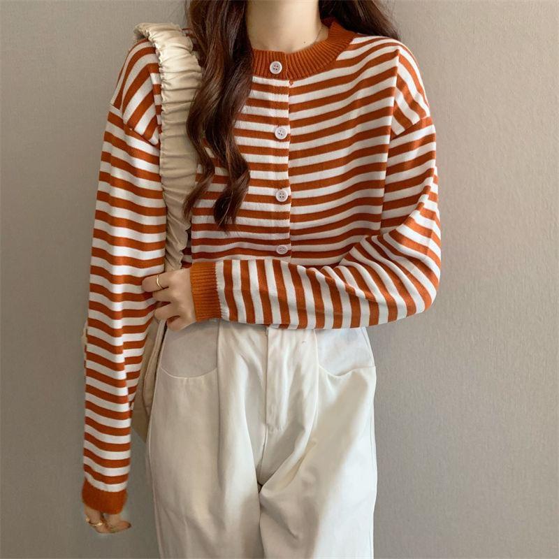 Crew Neck Striped Button Up Cardigan Product Image