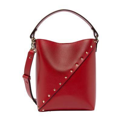 Small Leather Rockstud Wispy Bucket Bag In Red Product Image