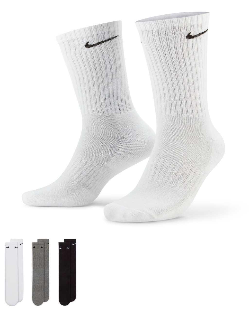 Nike Training Everyday Cushioned 3 pack crew sock in white, gray and black Product Image