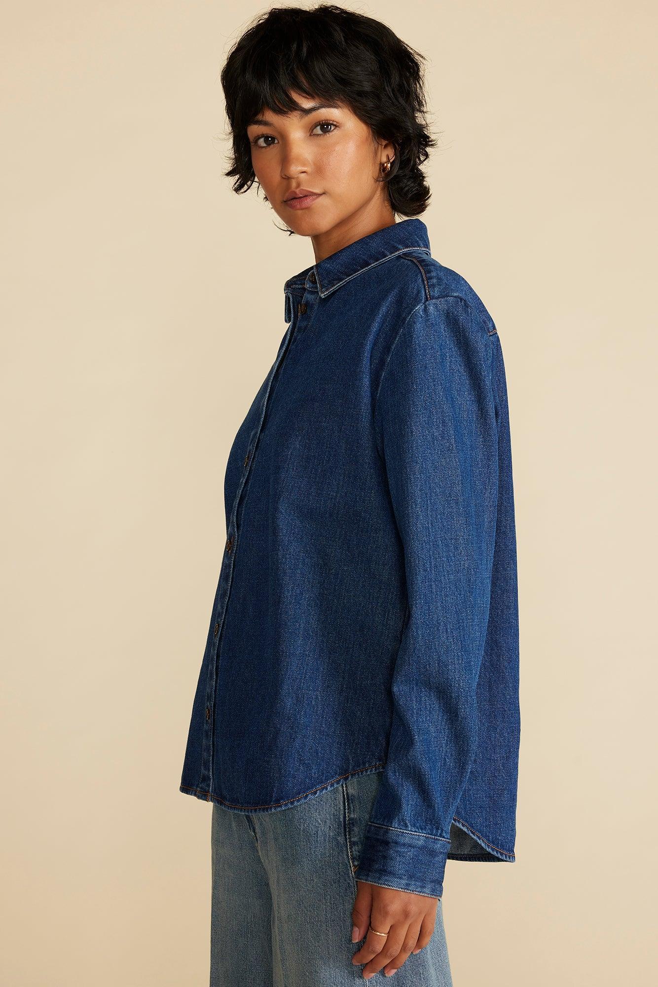 Bixby Denim Collared Long Sleeve Top - Indigo Blue Product Image