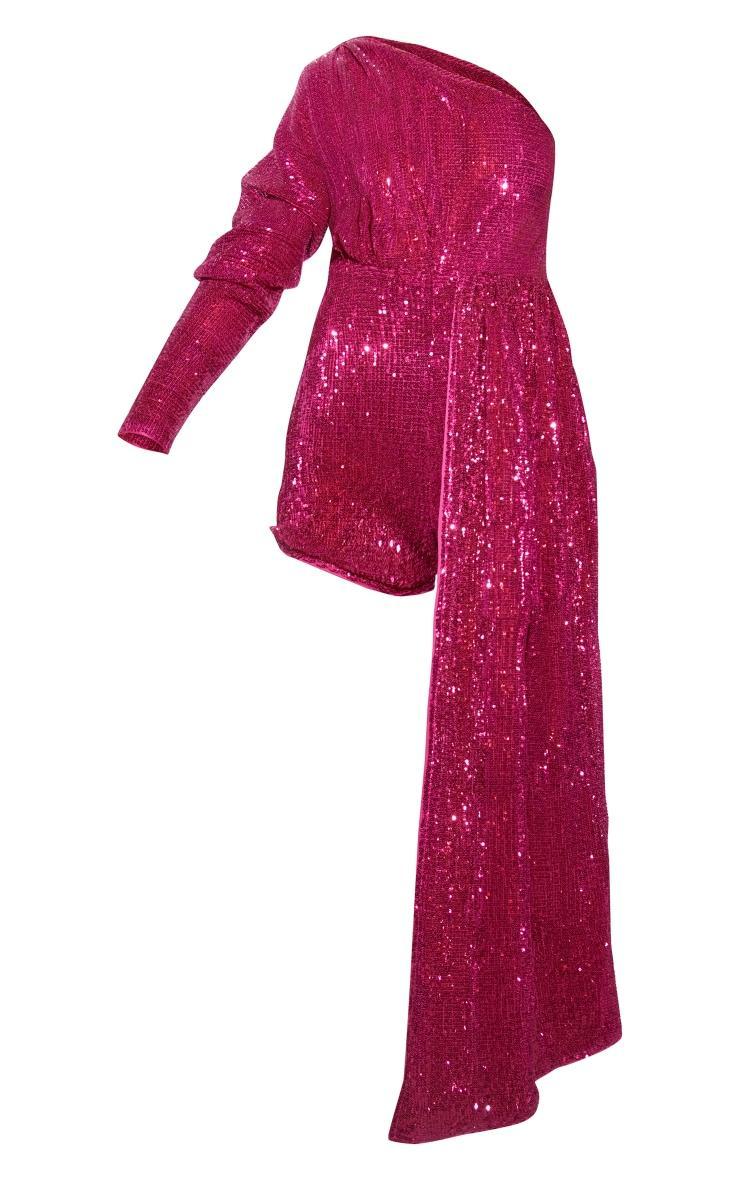 Pink Sequin Drape Detail One Sleeve Romper Product Image