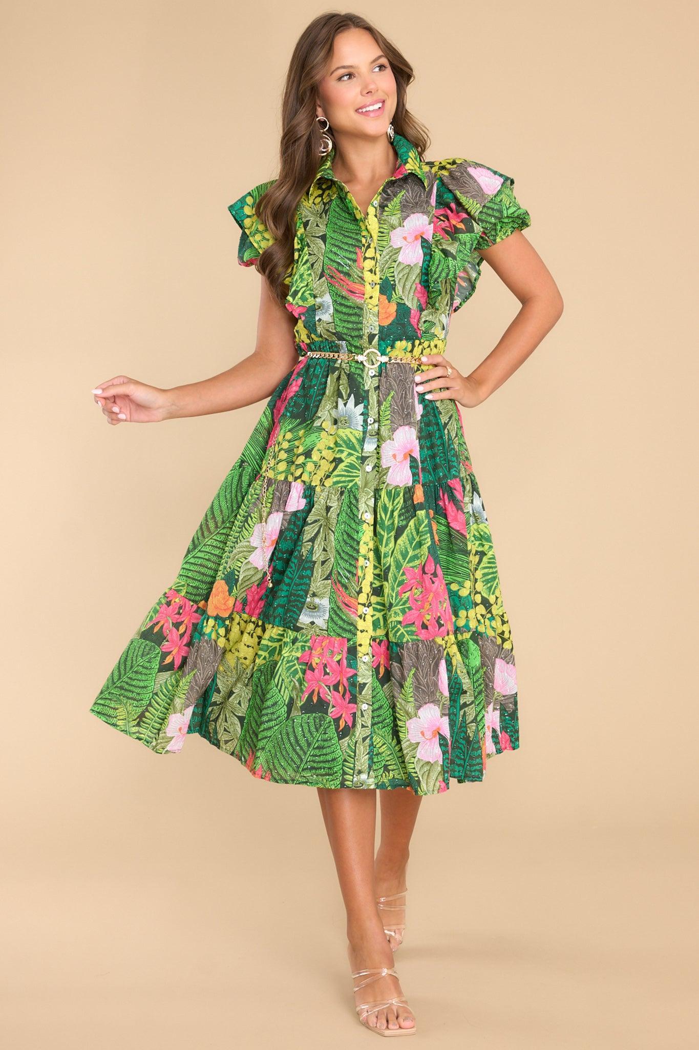 Palms Away Wild Game Green Tropical Print Dress Product Image