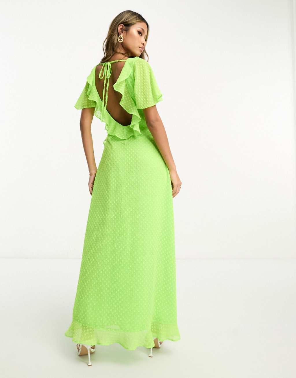 ASOS DESIGN frill detail wrap maxi dress in bright lime texture Product Image