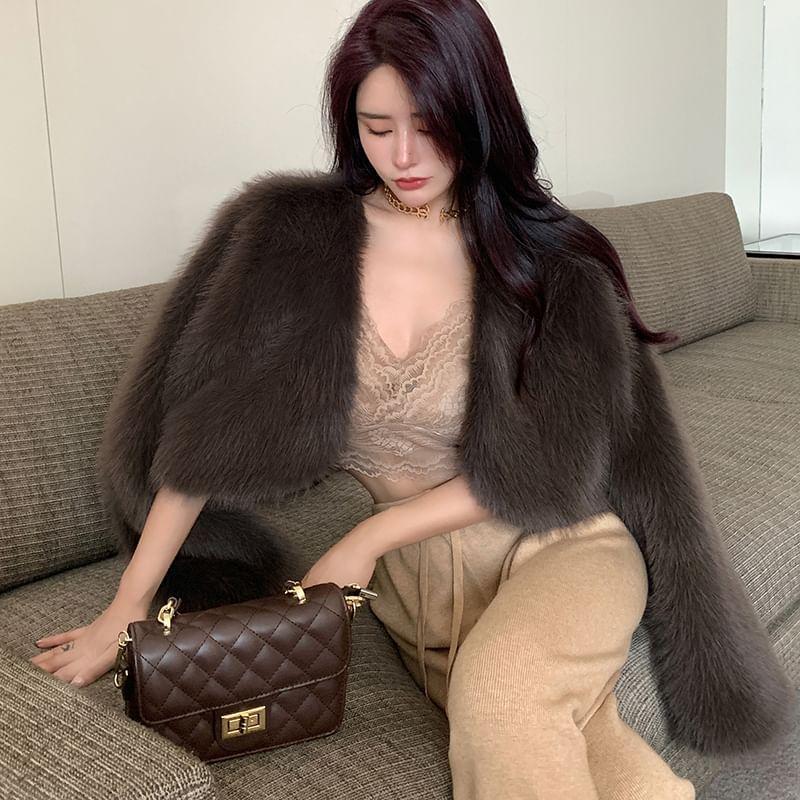 V-Neck Plain Faux Fur Cropped Coat Product Image