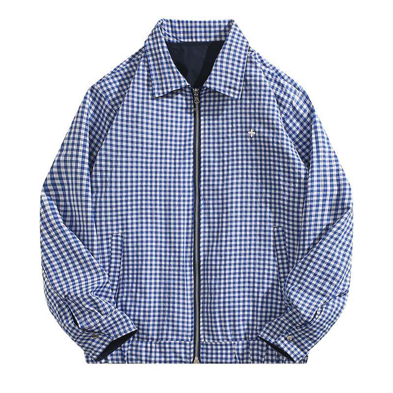 Collared Plaid Zip-Up Jacket Product Image